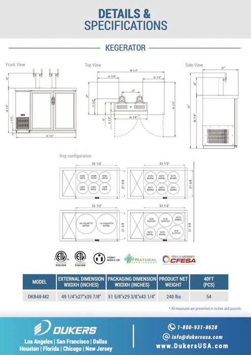 Dukers DKB48-M2, Dual Tap Kegerator, Draft Beer Cooler, Hinged Door,