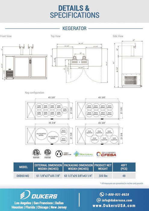 Dukers DKB60-M2, Dual Tap Kegerator, Draft Beer Cooler, Hinged Door