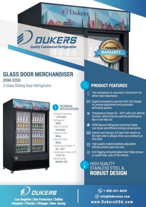 Dukers DSM-32SR Commercial Glass Sliding 2-Door Merchandiser Refrigerator