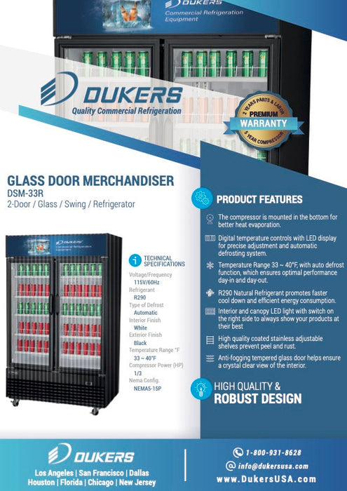 Dukers DSM-33R Commercial Glass Swing 2-Door Merchandiser Refrigerator, Digital temperature controls, LED Lighting