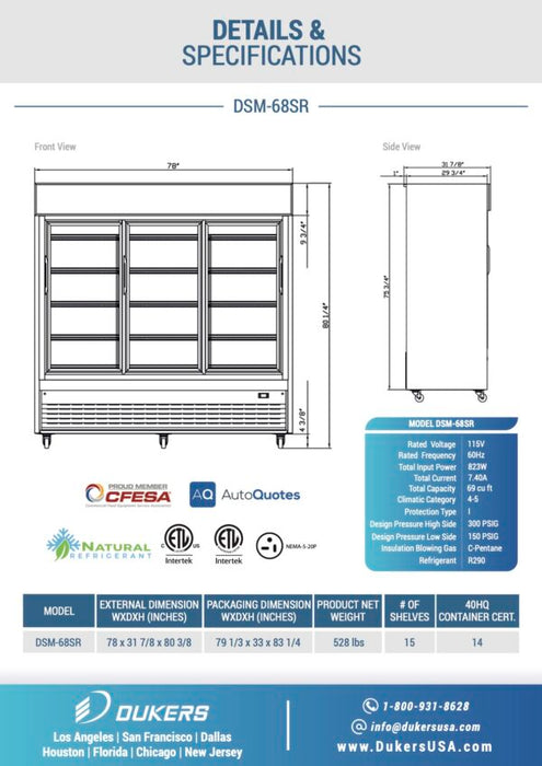 Dukers DSM-68SR Commercial Glass Sliding 3-Door Merchandiser Refrigerator