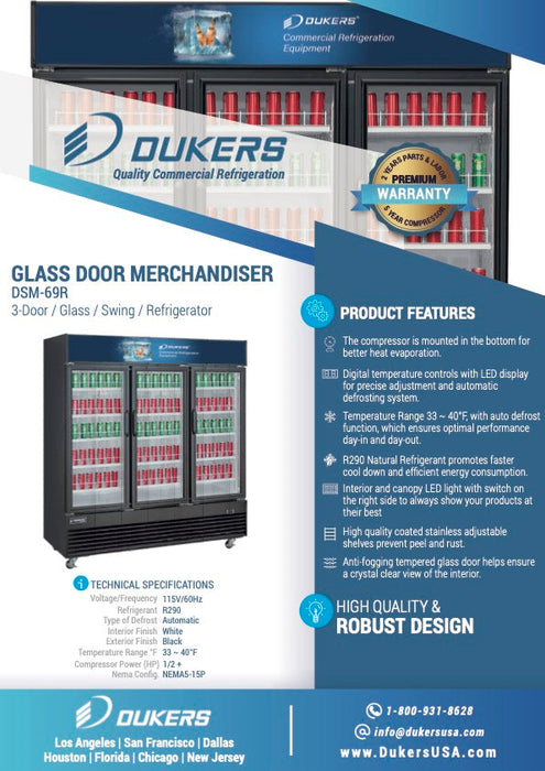 Dukers DSM-69R Commercial Glass Swing 3-Door Merchandiser Refrigerator