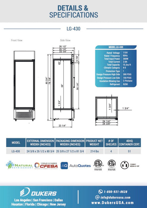 Dukers LG-430 Commercial Single Swing Door Glass Merchandiser Refrigerator, Digital temperature controls, LED